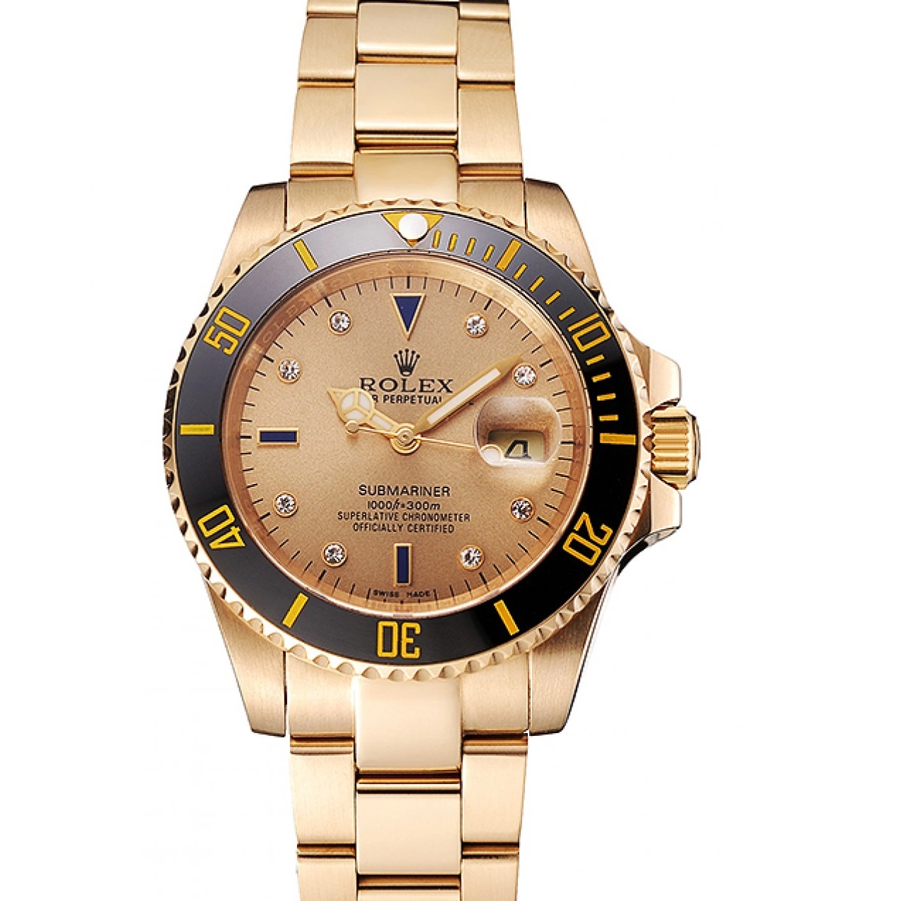 Bracelet Dial Case Diamond Rolex Gold With Black Yellow Markings Gold Bezel And Submariner Swiss 0717